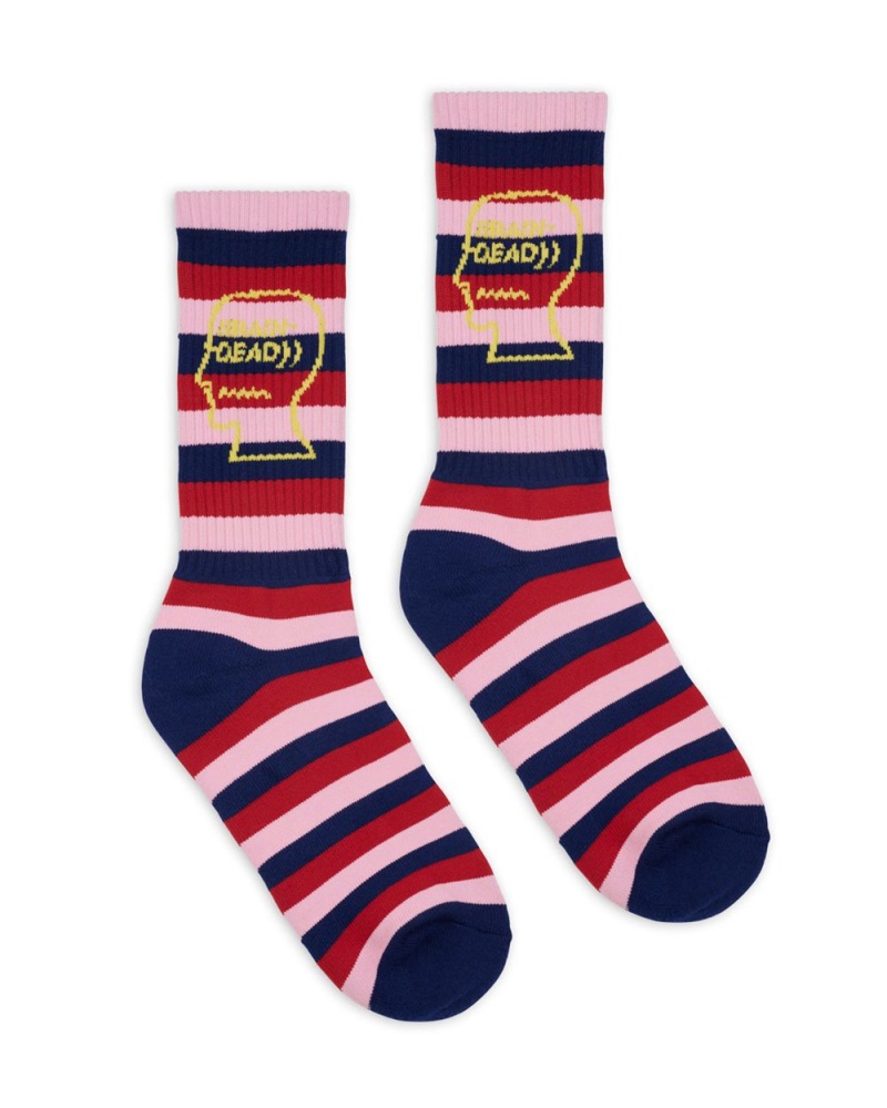 Navy Brain Dead Striped Logo Head Socks | USA XGLC86925