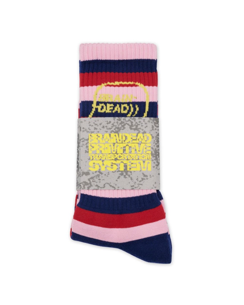 Navy Brain Dead Striped Logo Head Socks | USA XGLC86925