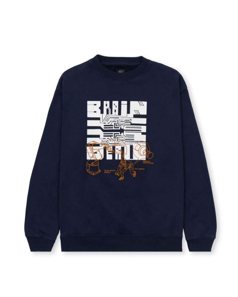 Navy Brain Dead Tutorials Crewneck Sweatshirt | USA LCBZ20694