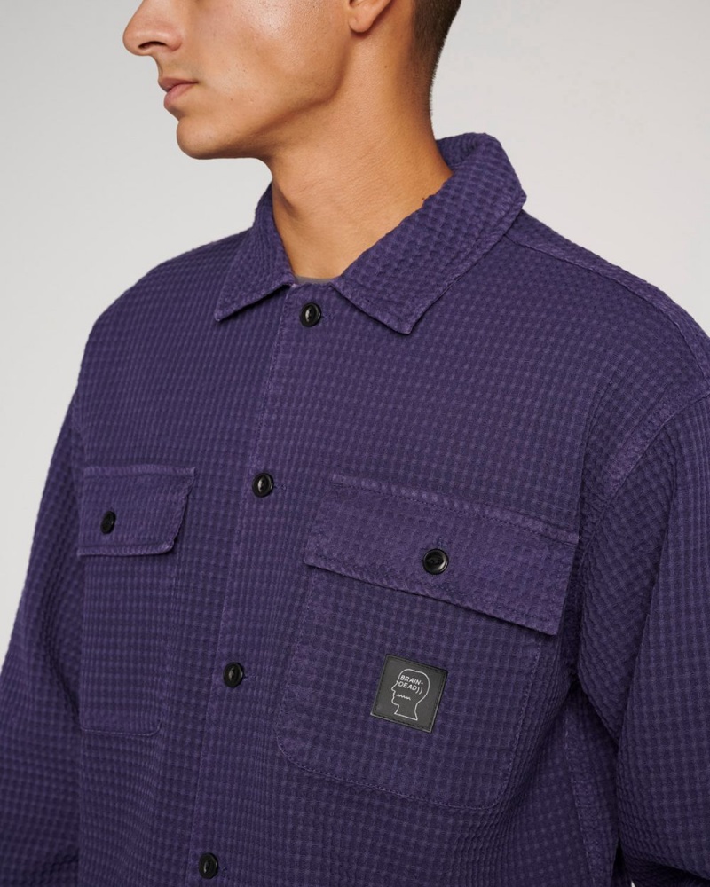 Navy Brain Dead Waffle Button Front Shirt | USA ISRO98523