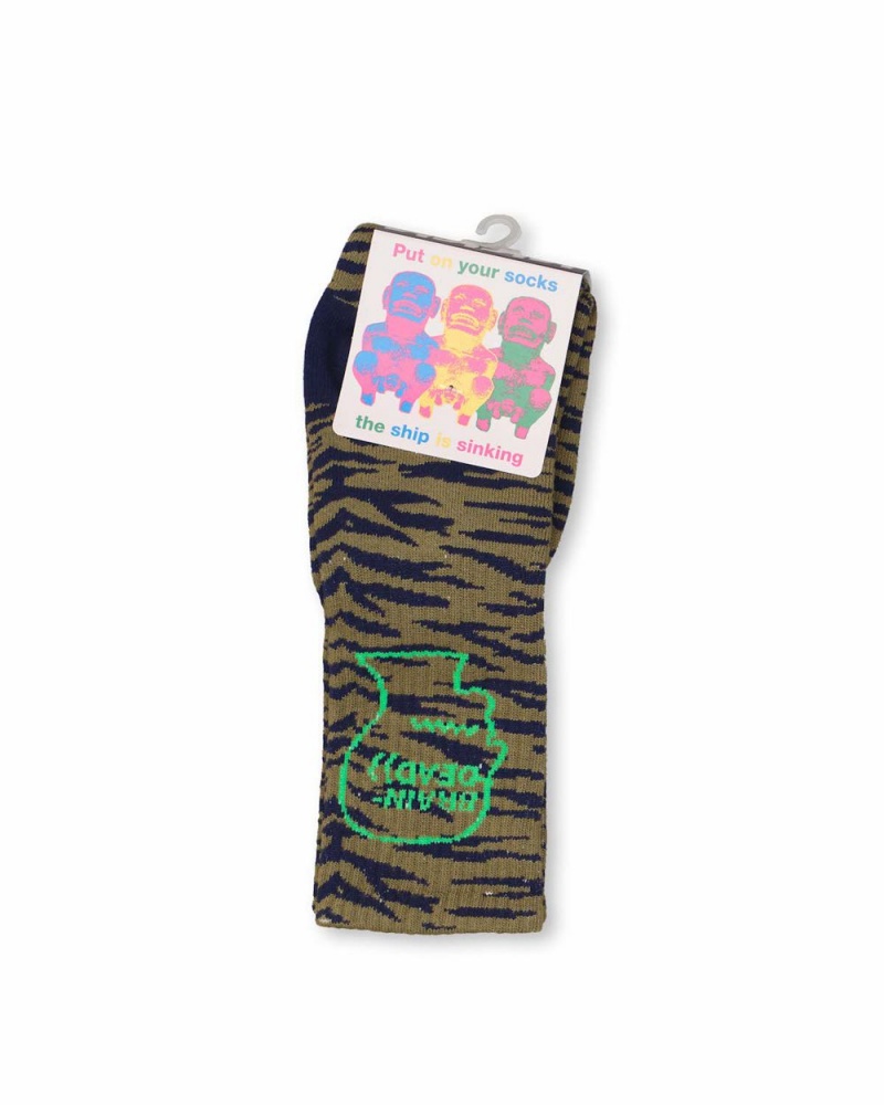 Navy Green Brain Dead Logo Head Socks | USA XGPK60152