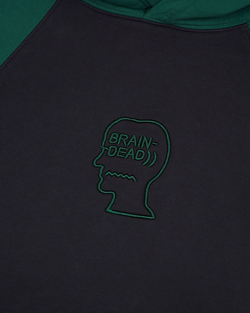 Navy Green Brain Dead Pigment Wash Logo Head Raglan Hoodie | USA AWLJ43170