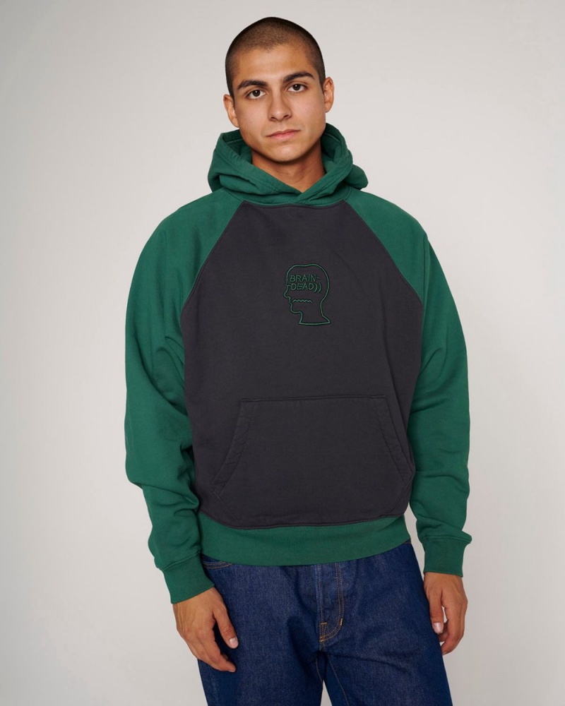 Navy Green Brain Dead Pigment Wash Logo Head Raglan Hoodie | USA AWLJ43170