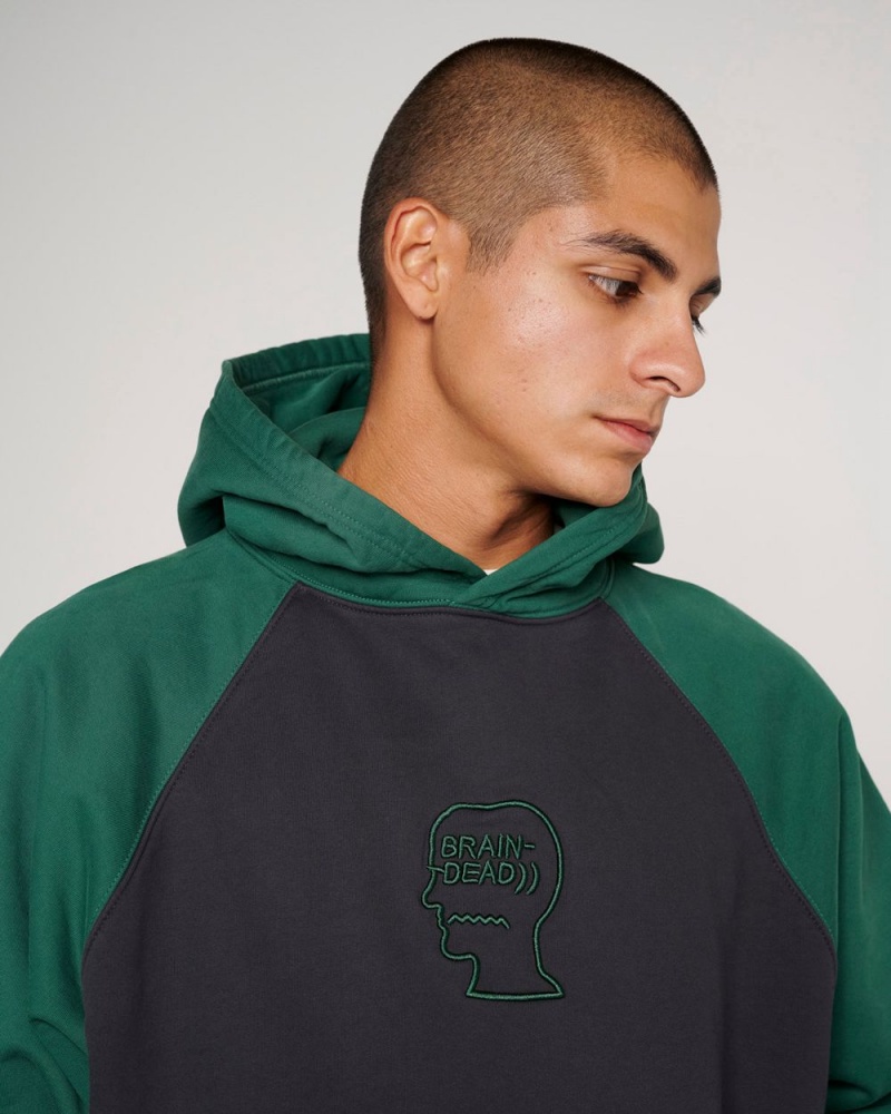 Navy Green Brain Dead Pigment Wash Logo Head Raglan Hoodie | USA AWLJ43170