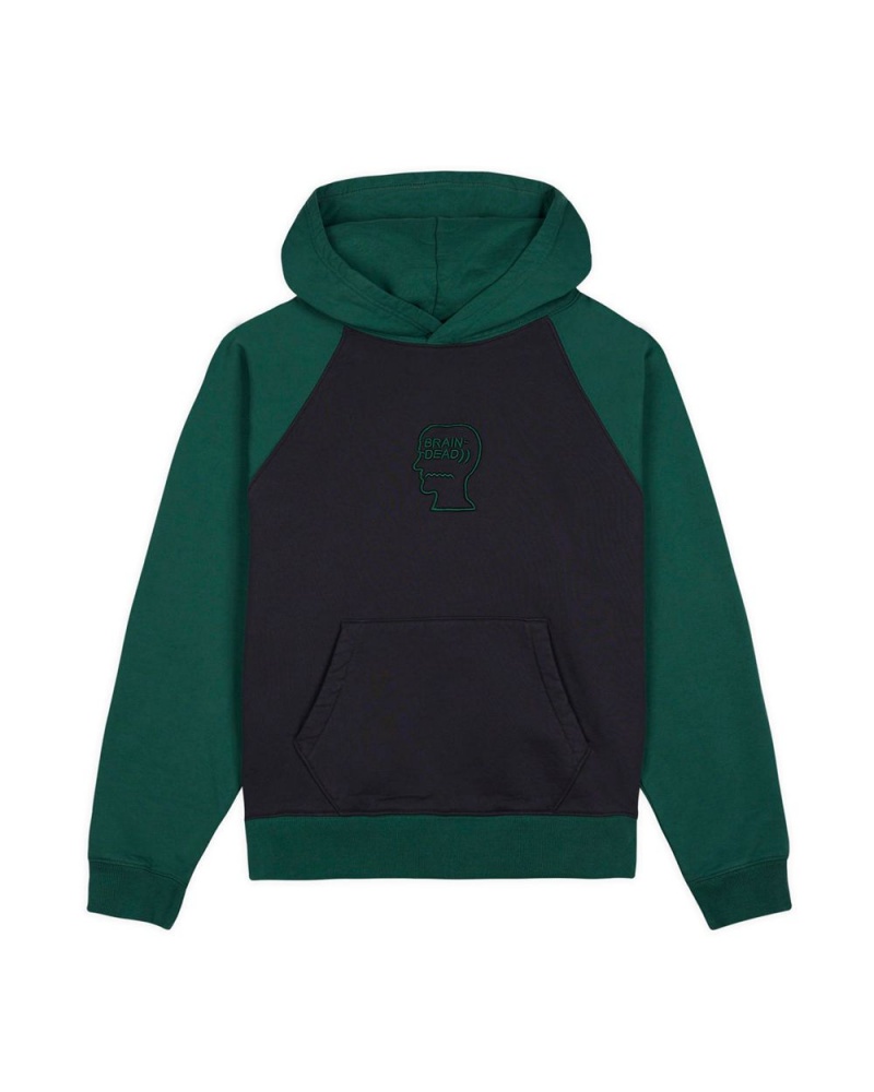 Navy Green Brain Dead Pigment Wash Logo Head Raglan Hoodie | USA AWLJ43170