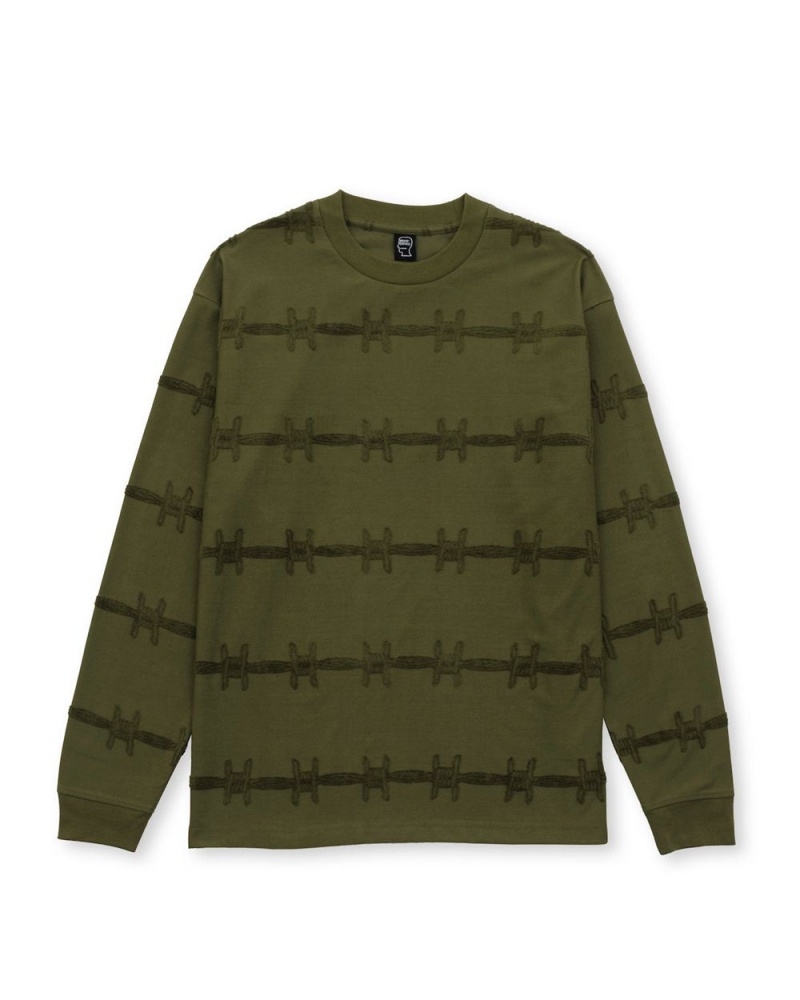 Olive Brain Dead Barbed Wire Burnout Long Sleeve T-Shirt | USA QSZT01563