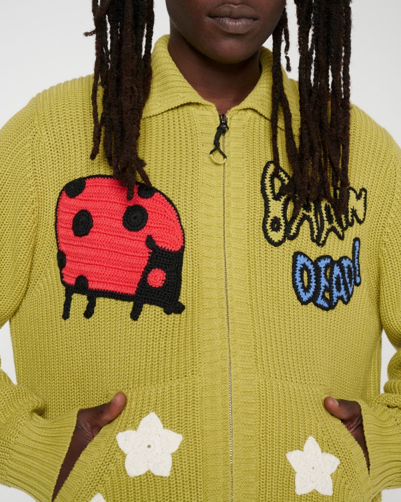 Olive Brain Dead Buggin' Out Crochet Zip Cardigan | USA RYFB80971