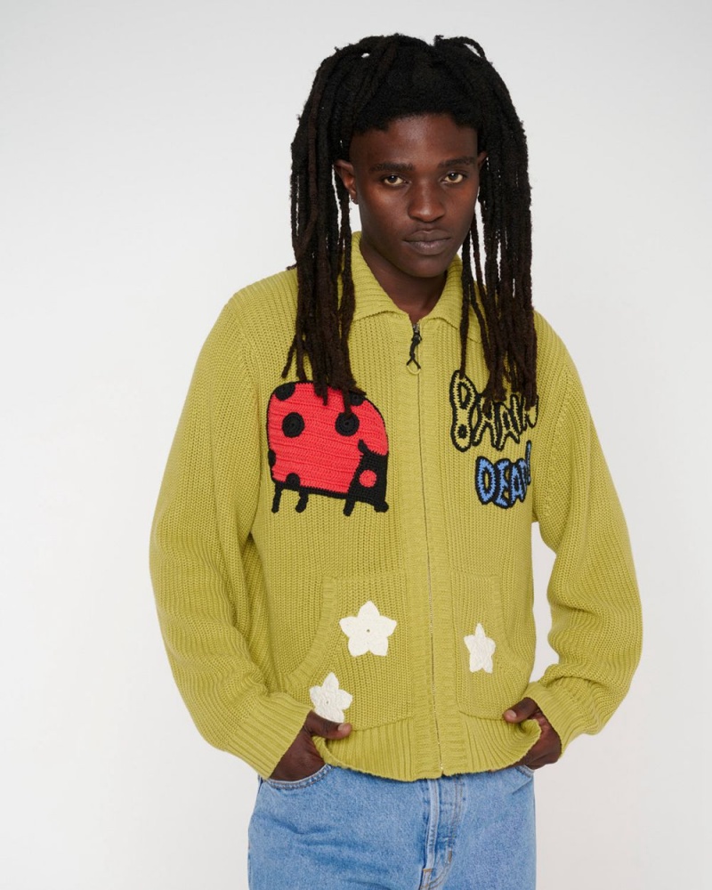 Olive Brain Dead Buggin' Out Crochet Zip Cardigan | USA RYFB80971