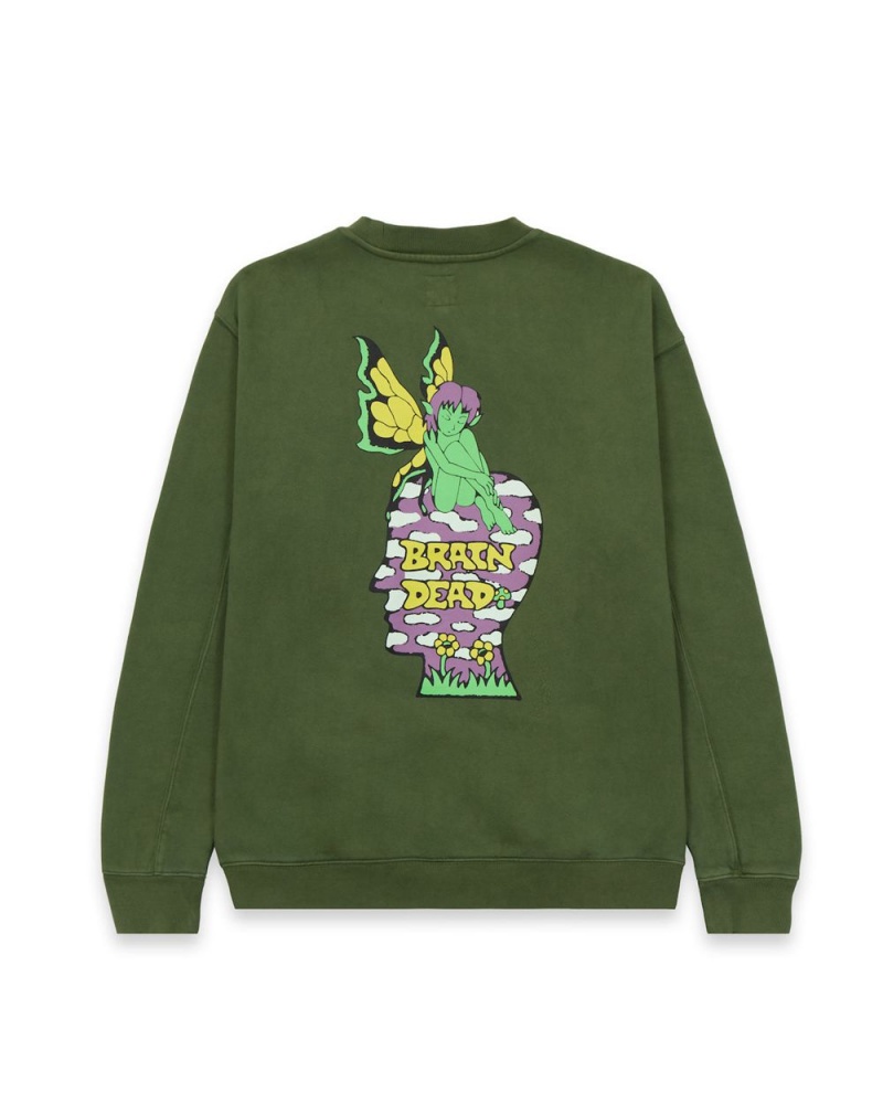 Olive Brain Dead Mushroom House Crewneck Sweatshirt | USA LAGE87629