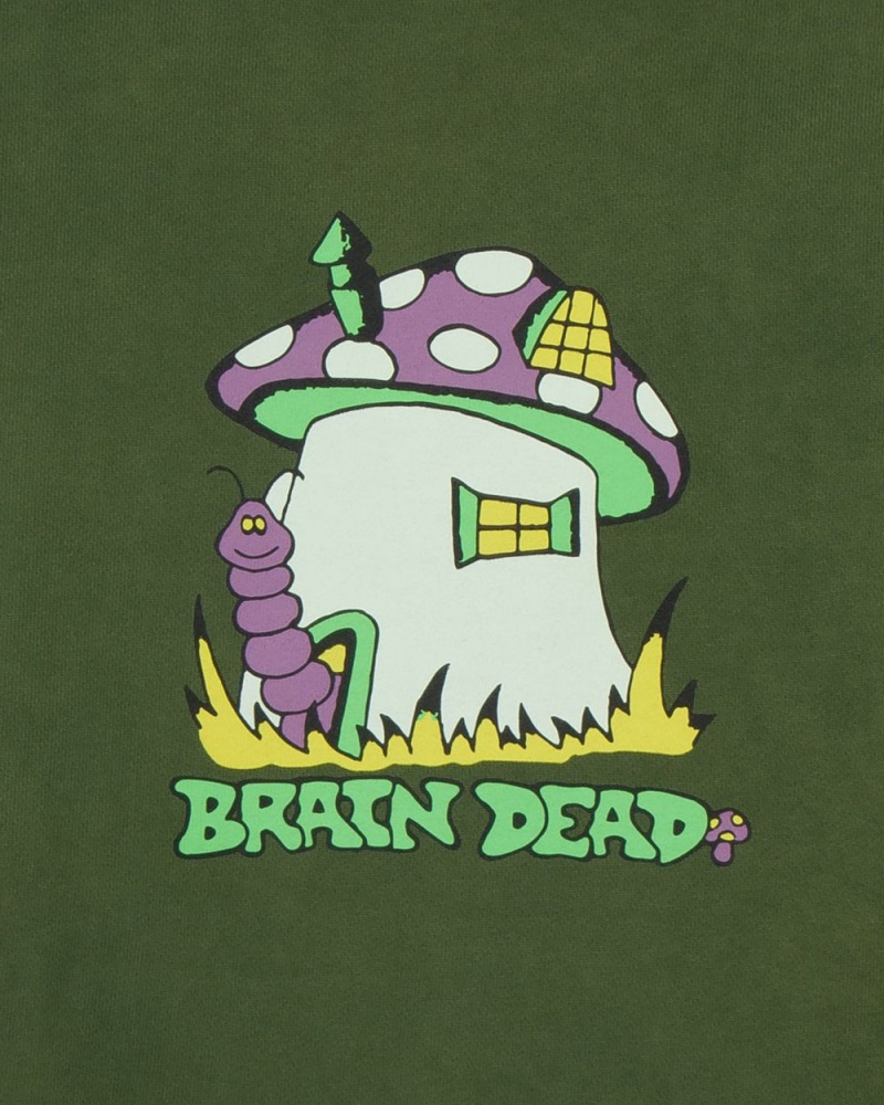 Olive Brain Dead Mushroom House Crewneck Sweatshirt | USA LAGE87629