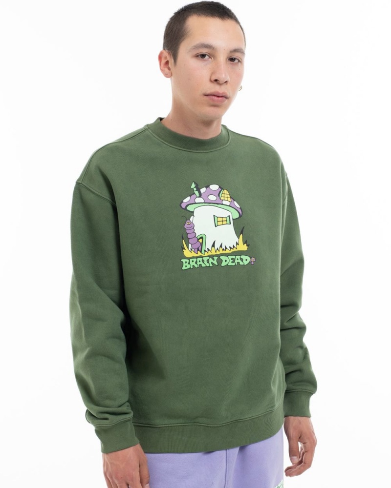 Olive Brain Dead Mushroom House Crewneck Sweatshirt | USA LAGE87629