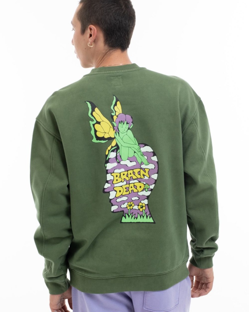 Olive Brain Dead Mushroom House Crewneck Sweatshirt | USA LAGE87629