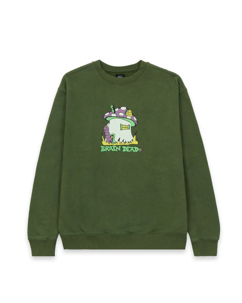 Olive Brain Dead Mushroom House Crewneck Sweatshirt | USA LAGE87629