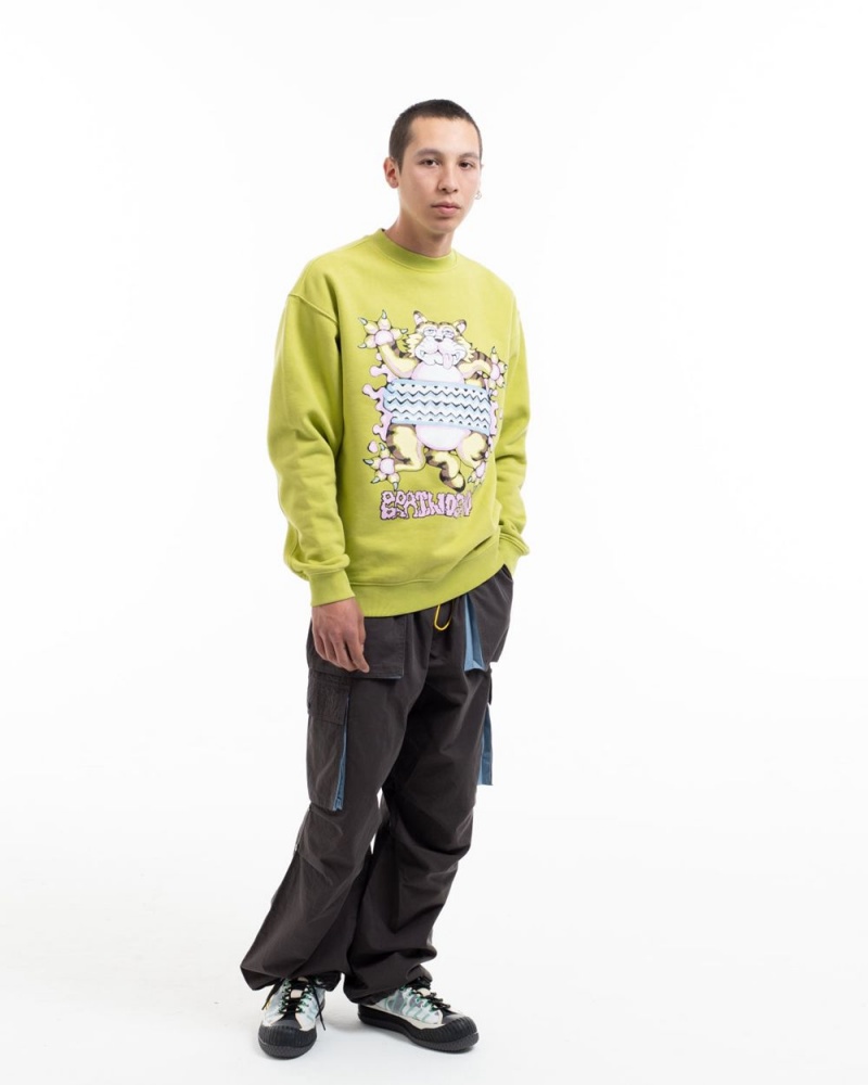 Olive Brain Dead Relaxed Cat Crewneck Sweatshirt | USA PBIN59184