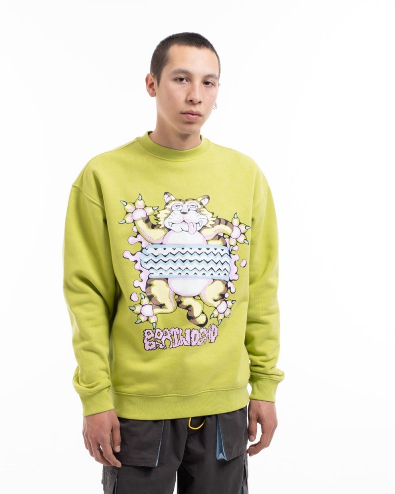 Olive Brain Dead Relaxed Cat Crewneck Sweatshirt | USA PBIN59184