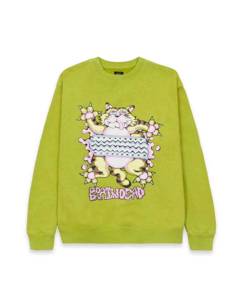 Olive Brain Dead Relaxed Cat Crewneck Sweatshirt | USA PBIN59184