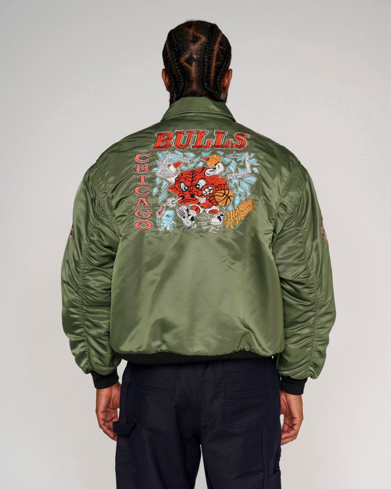 Olive Brain Dead X NBA Chicago Bulls Flight Jacket | USA XIFN30241