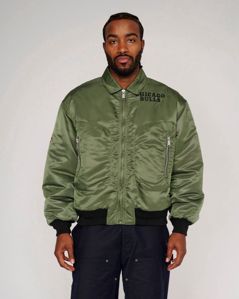 Olive Brain Dead X NBA Chicago Bulls Flight Jacket | USA XIFN30241