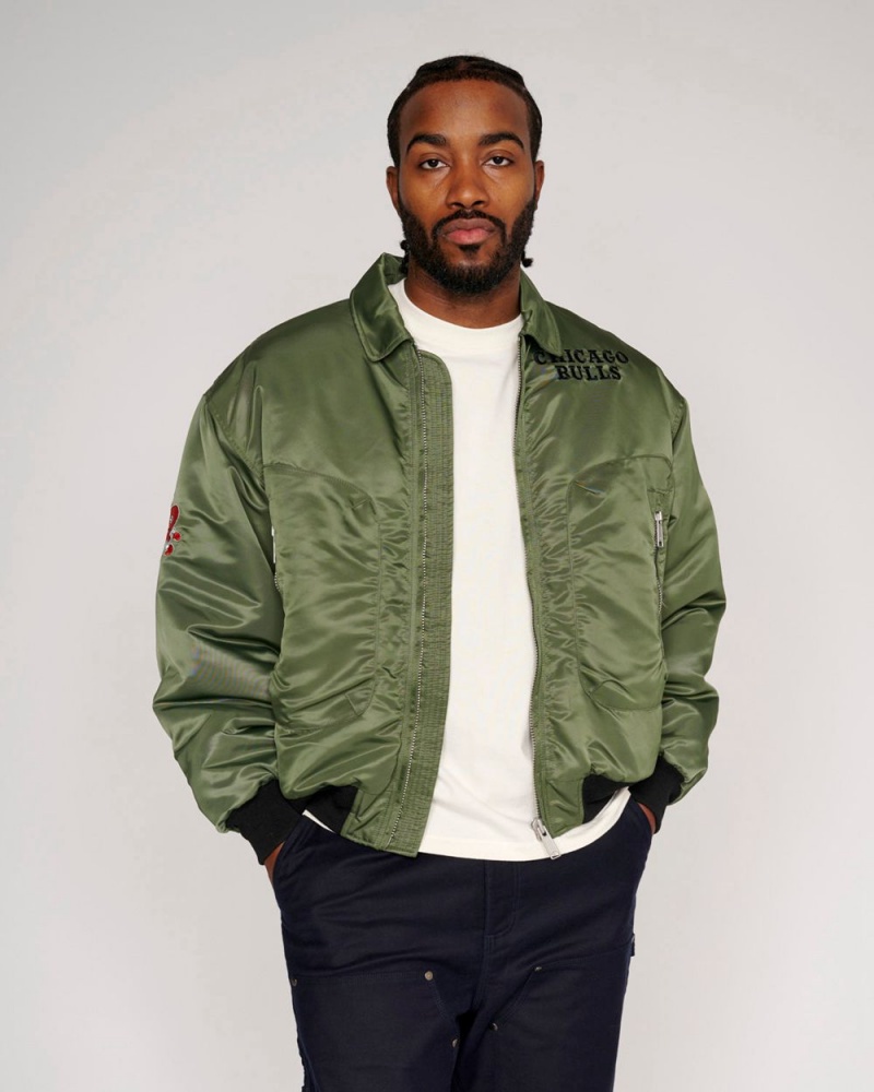 Olive Brain Dead X NBA Chicago Bulls Flight Jacket | USA XIFN30241