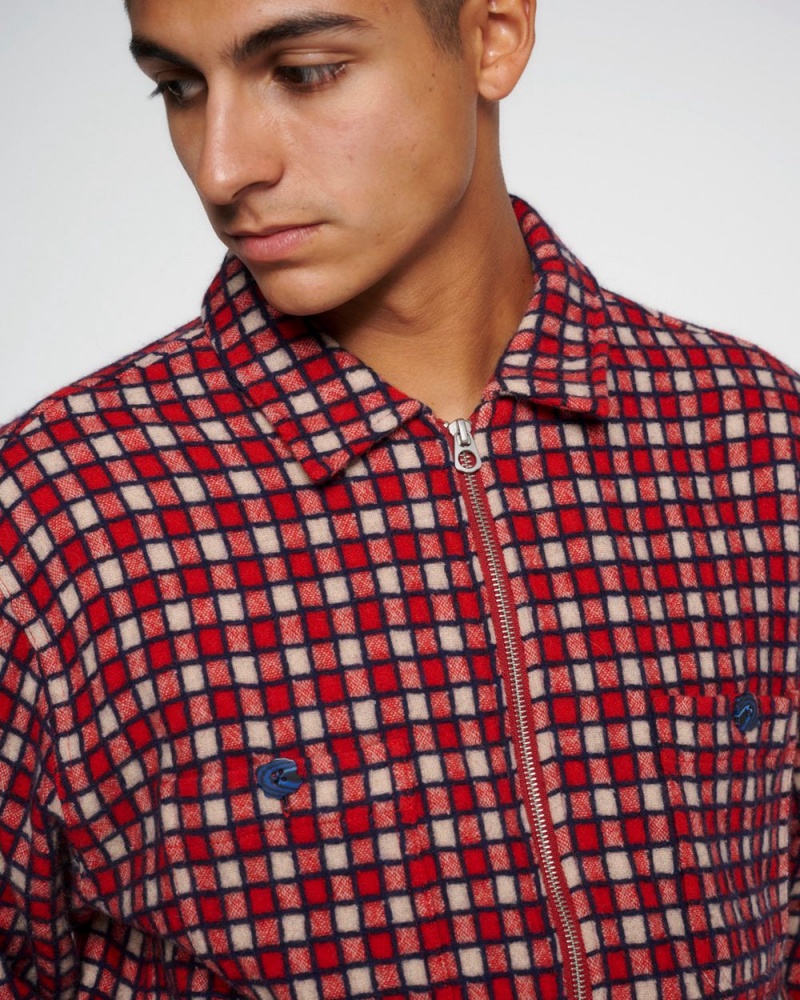 Red Brain Dead Check Mate Flannel Zip Shirt | USA LUOM75486