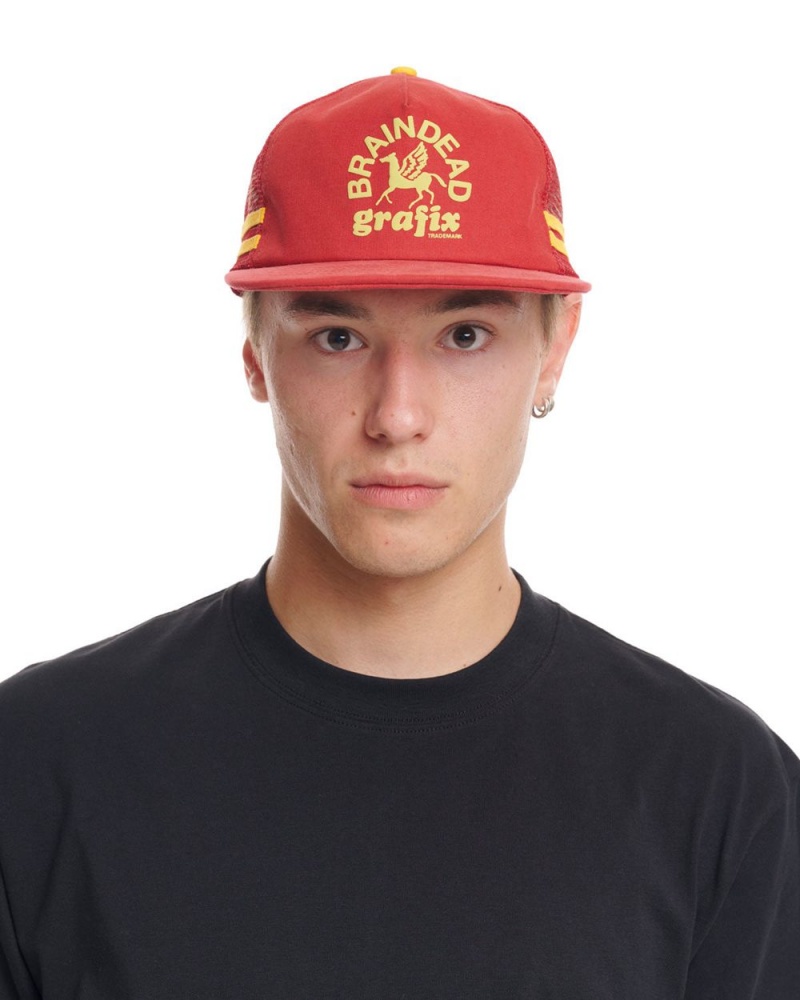 Red Brain Dead Grafix 5 Panel Trucker Cap | USA SMFO37652