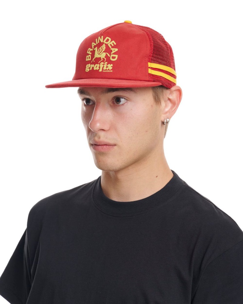 Red Brain Dead Grafix 5 Panel Trucker Cap | USA SMFO37652