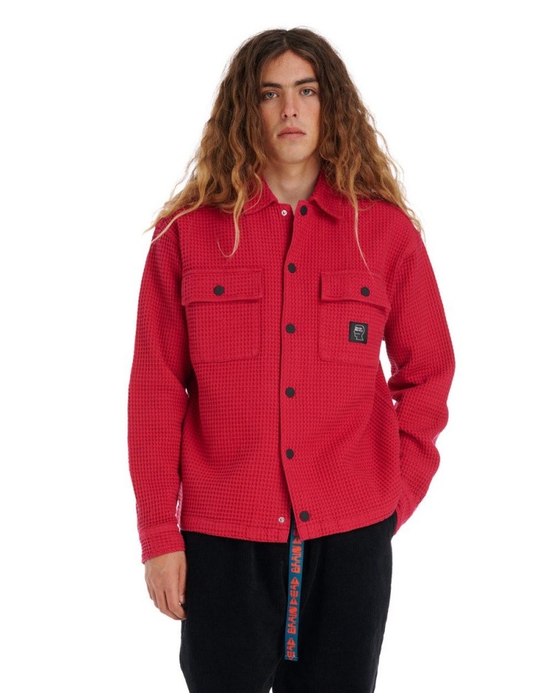 Red Brain Dead Waffle Snap Front Shirt | USA NPFH14709