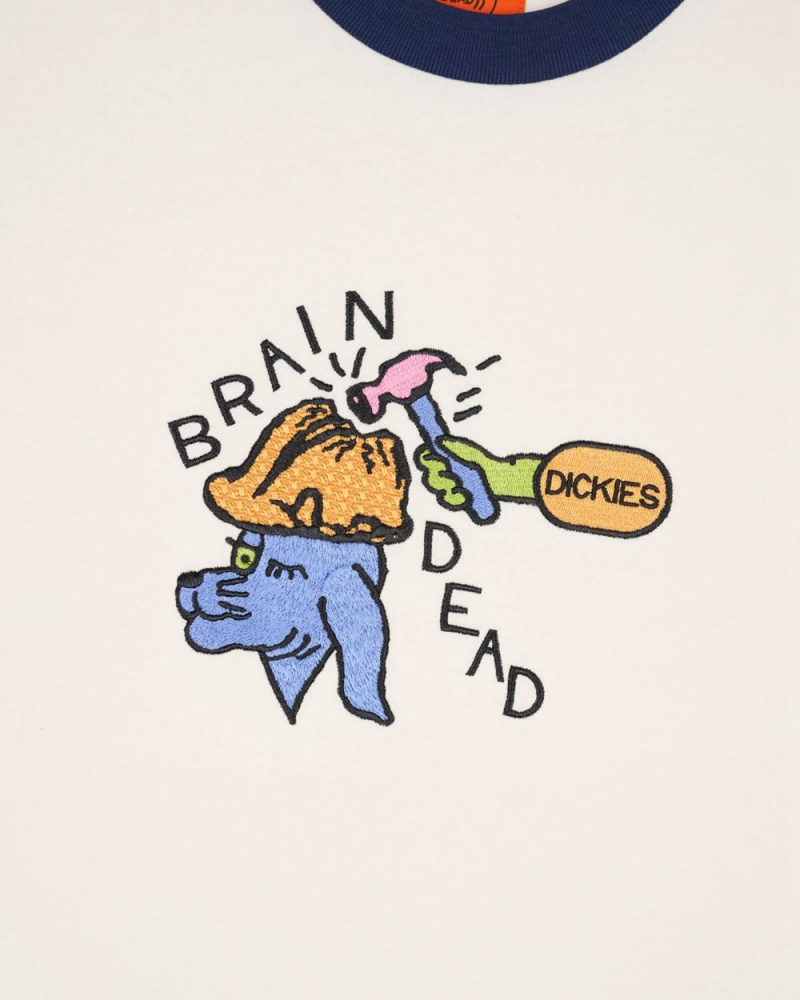 White Brain Dead Dickies Hard Hat Embroidered Ringer T-Shirt | USA KDOQ42576