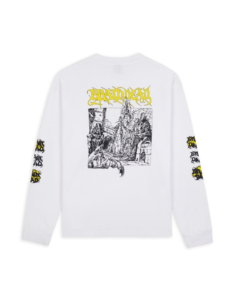 White Brain Dead Knight Buster Long Sleeve T-Shirt | USA BSYU54761