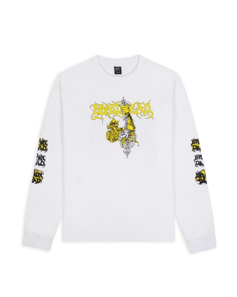 White Brain Dead Knight Buster Long Sleeve T-Shirt | USA BSYU54761